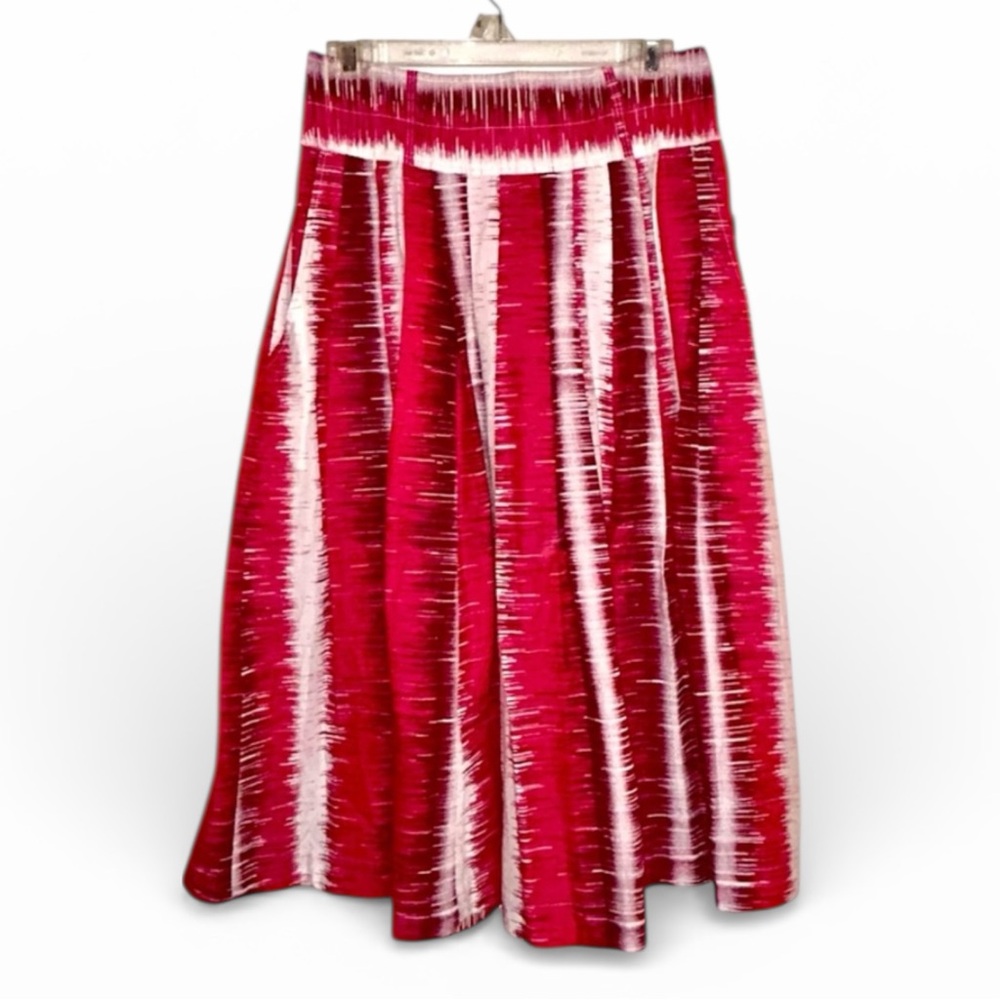 Vintage 100% Cotton Skirt Red & Magenta Print A-Line Pleated Midi Skirt Pockets